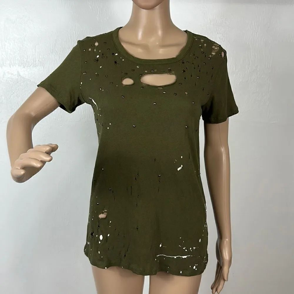 Chaser Cotton Army Green Splattered Beaded Distressed T-Shirt Size XS